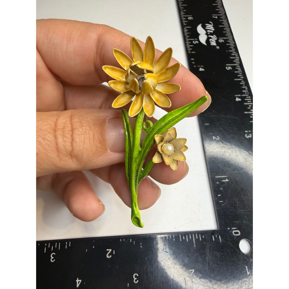 Vintage Yellow Enamel Flower Brooch Green Stem Faux Pearl Accent Pin